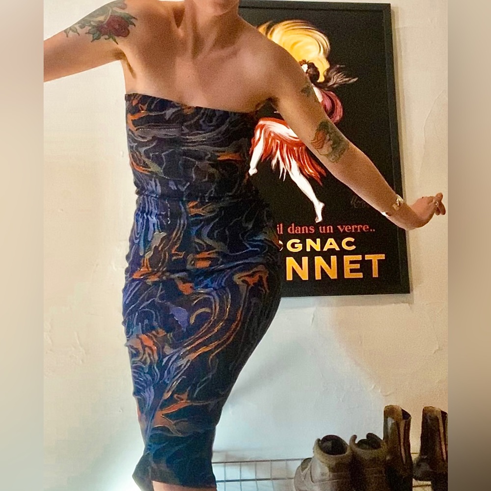 SOLD | Strapless Midi, Sheer Mesh Fire and Water Dress - Picture 2 of 5